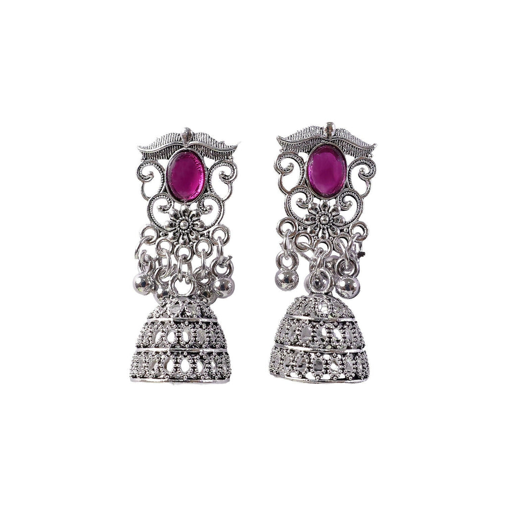 German Silver Jhumka Earrings with Red Monalisa Stones