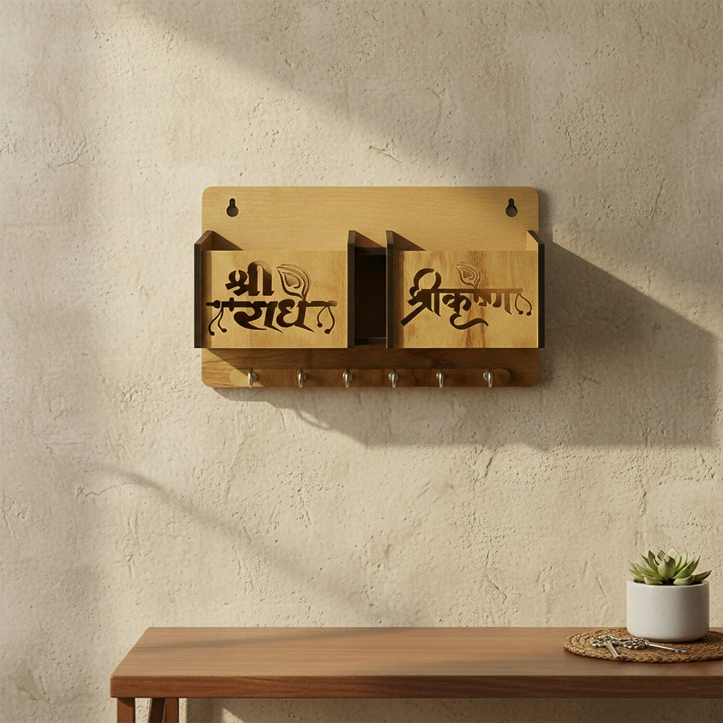 Wooden Wall Mounted Key Holder with Mobile Stand & 6 Hooks