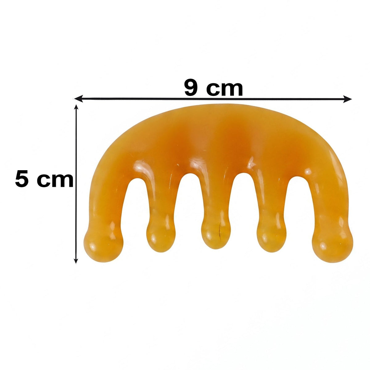 The orange scalp massager comb is shown with dimensions of 9 cm length and 5 cm width against a white background.