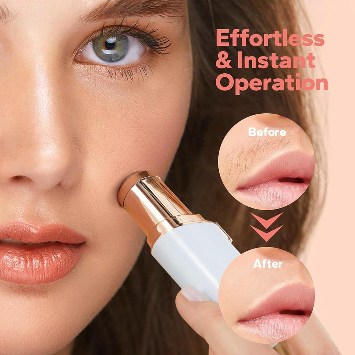 Close-up of a woman using the facial hair remover on her cheek, with before and after images of lips.