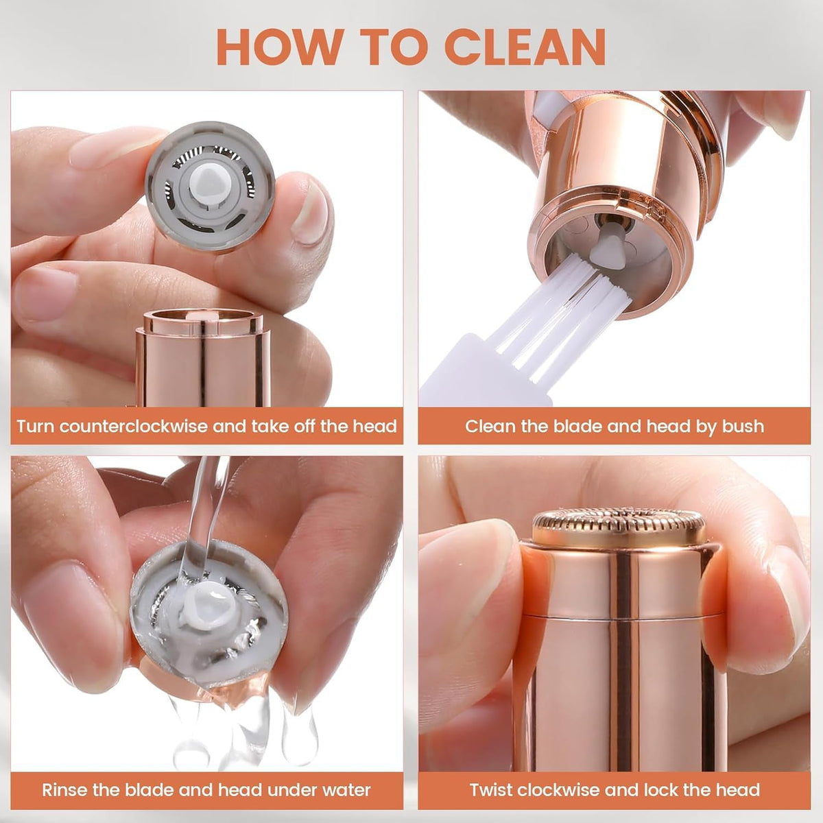 Four steps demonstrating how to clean the rose gold facial hair remover with water and a brush.