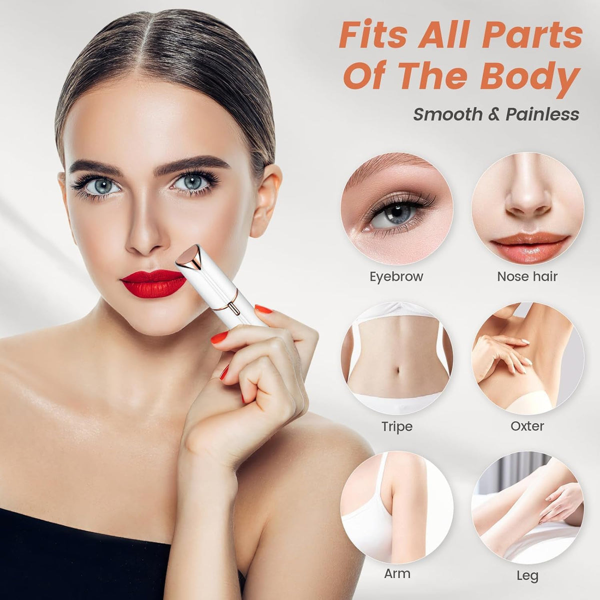 A woman holding the facial hair remover near her mouth, with circles showing its use on various body parts.