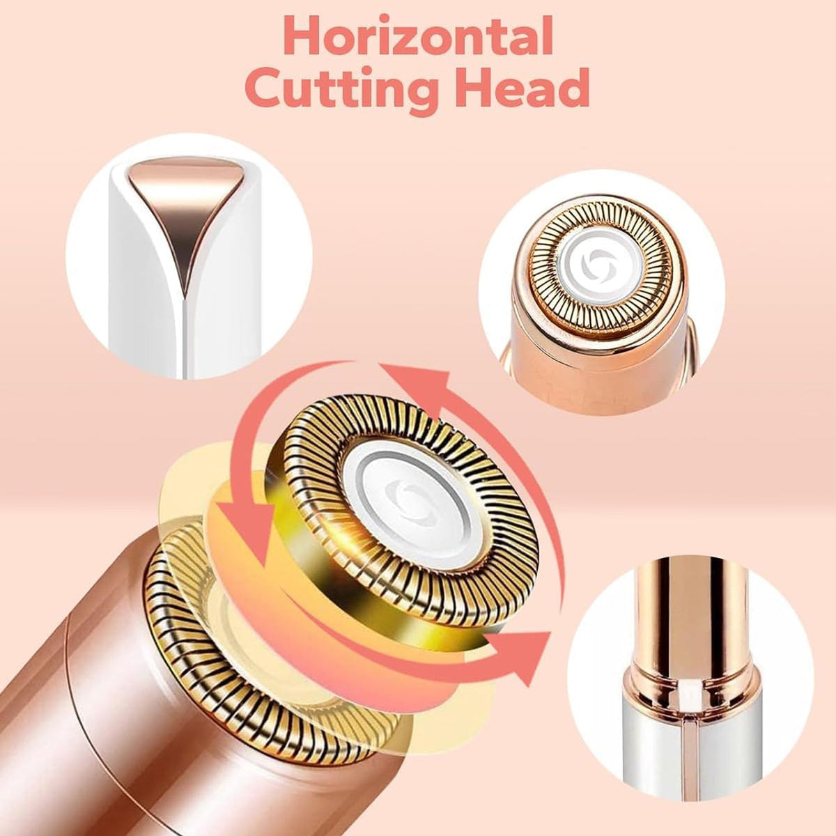 Close-up of the rose gold horizontal cutting head of the facial hair remover, showing its rotating blade.