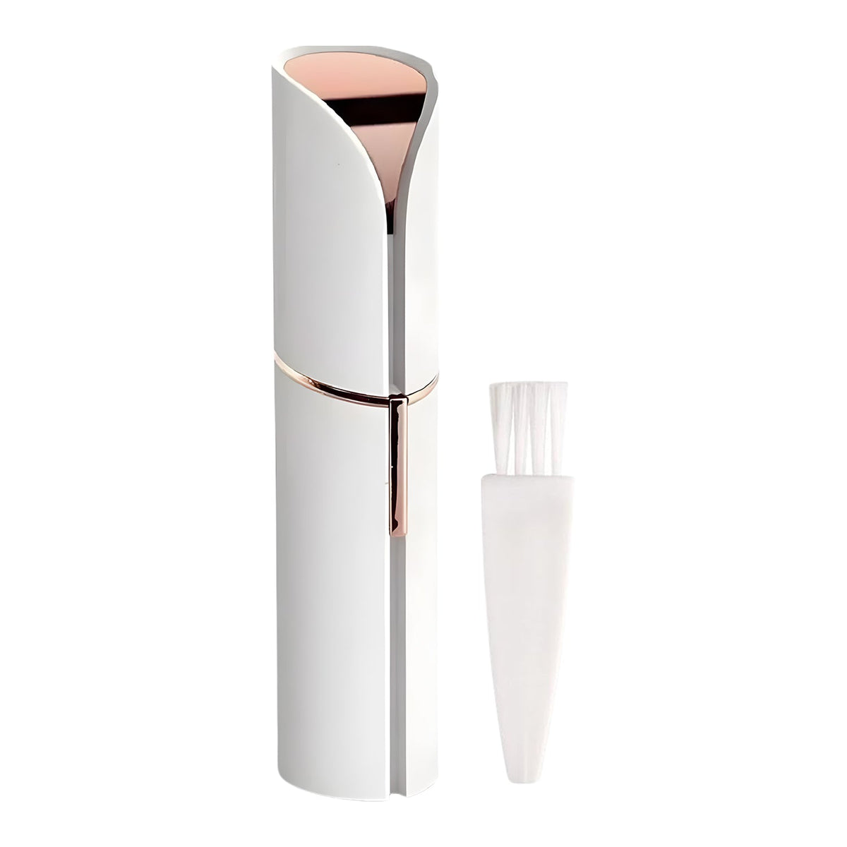 The white and rose gold facial hair remover standing upright next to its small white cleaning brush.