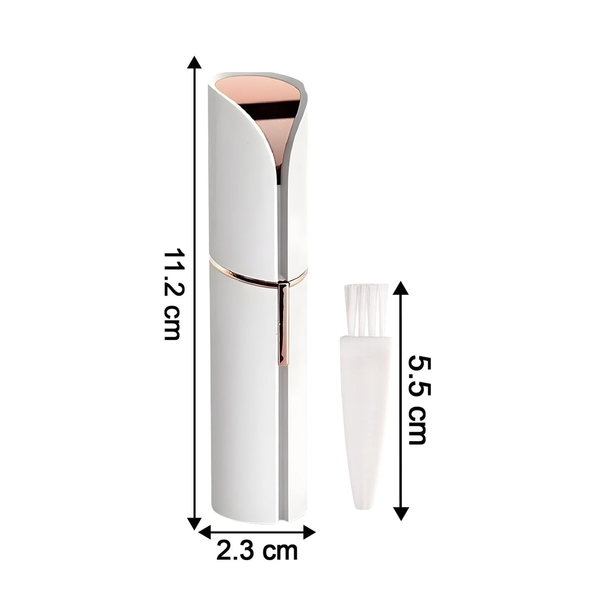The white and rose gold facial hair remover with dimensions of 11.2 cm length and 2.3 cm width.
