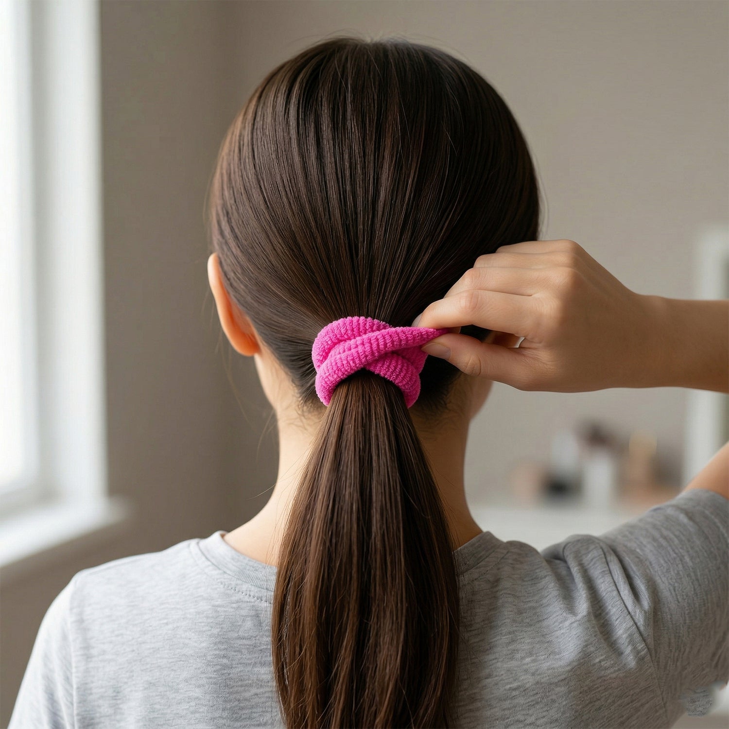 A woman's dark hair in a ponytail secured with a fuchsia elastic hair tie, viewed from behind.