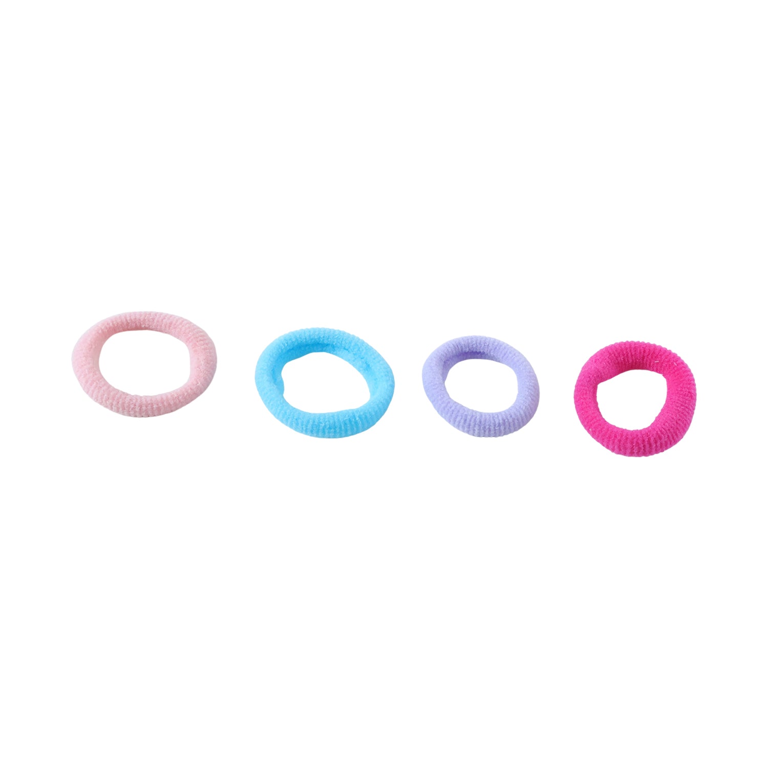 Four colorful elastic hair ties in pink, blue, lavender, and fuchsia arranged in a row on a white background.