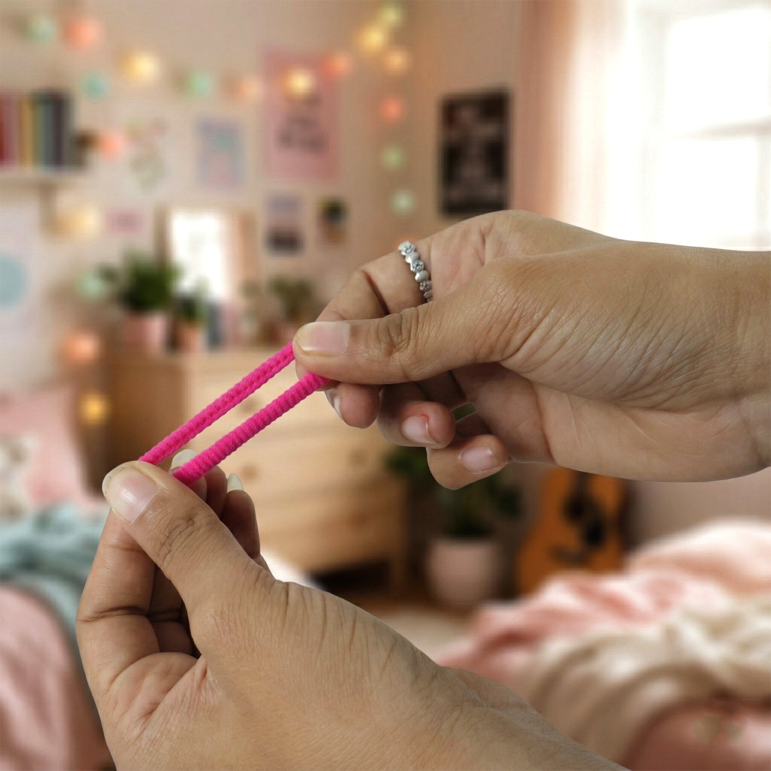 Hands stretching a fuchsia elastic hair tie against a blurred background of a decorated room.