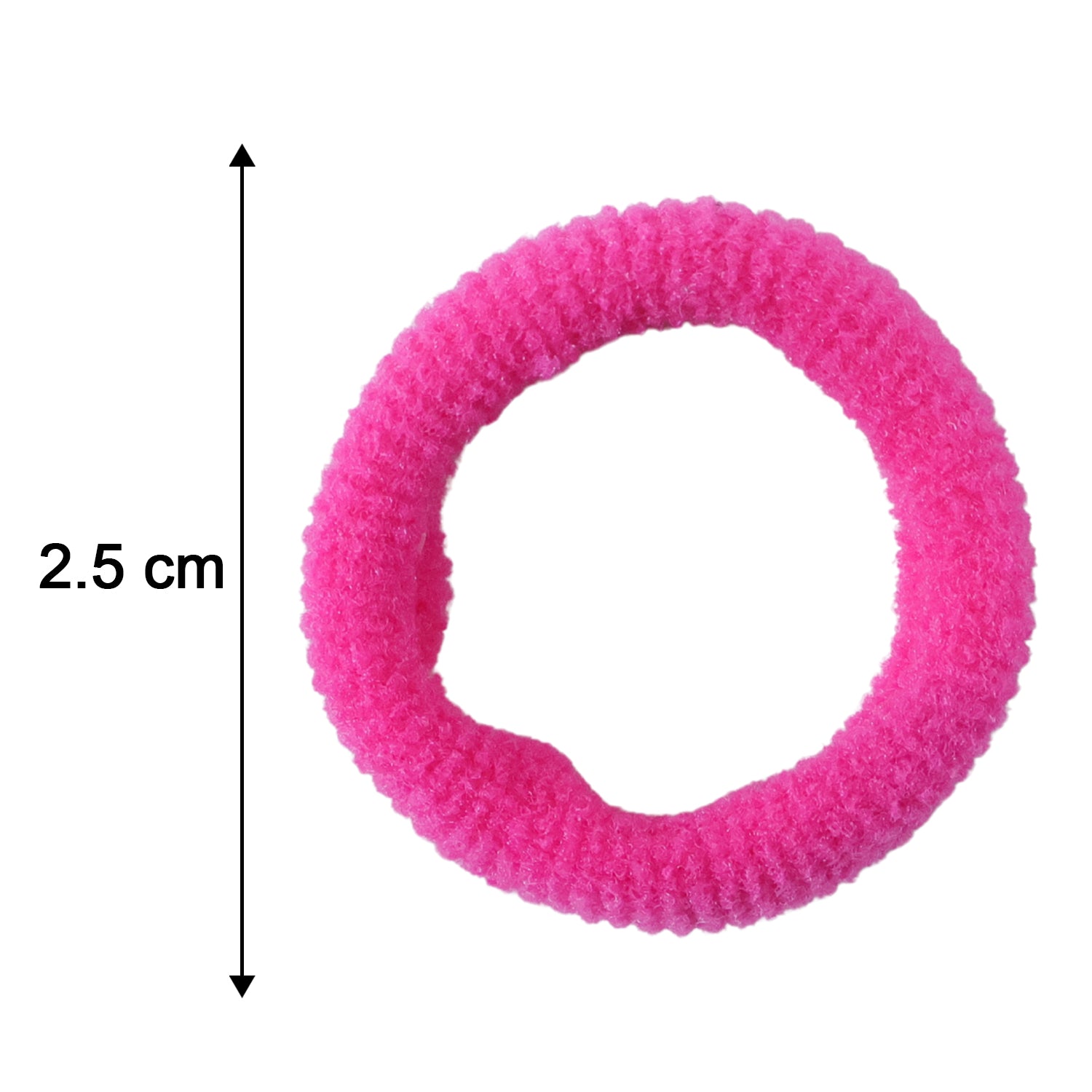 A single fuchsia elastic hair tie with a measurement of 2.5 cm indicated by a black arrow.