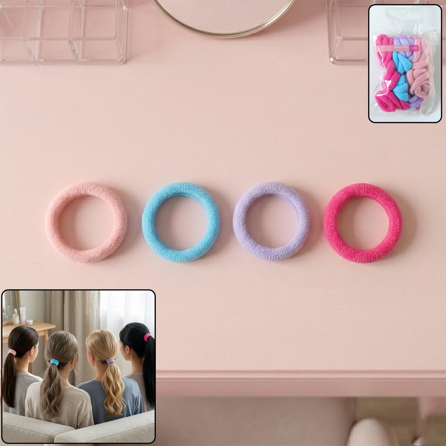 Four colorful elastic hair ties in pink, blue, lavender, and fuchsia on a pink surface with a small mirror.