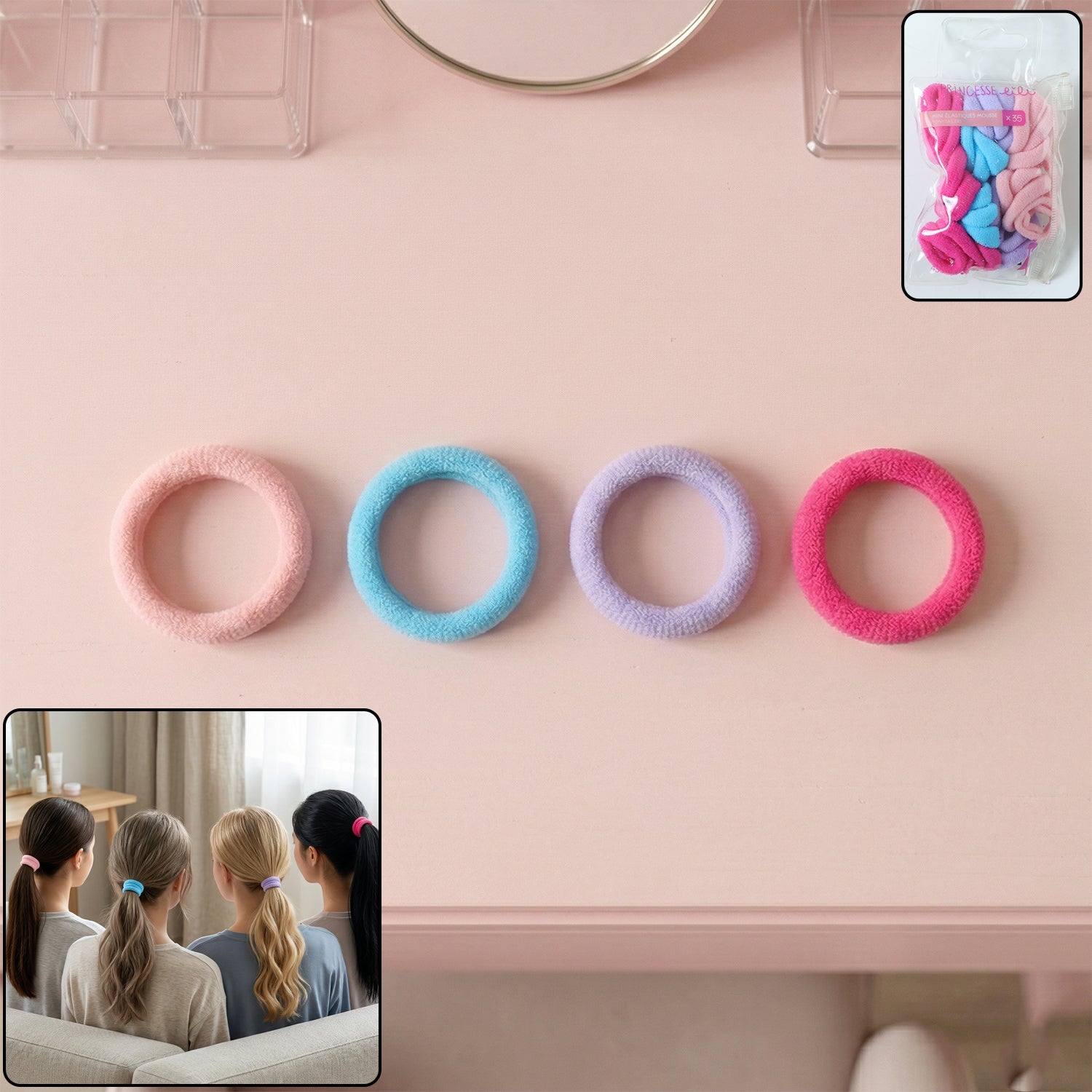 Four colorful elastic hair ties in pink, blue, lavender, and fuchsia on a pink surface with a small mirror.
