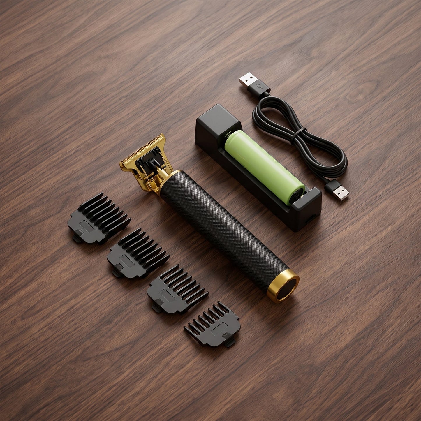 The black and gold hair trimmer, three black comb attachments, and a charging station with a green battery are neatly