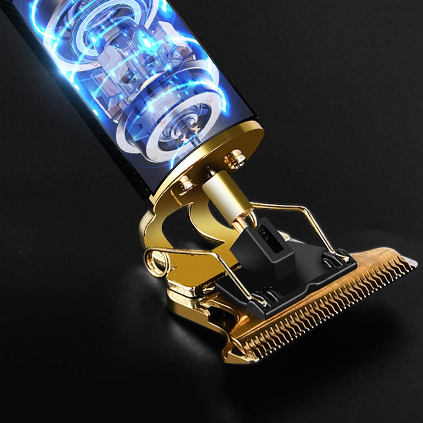 An extreme close-up of the gold trimmer head with blue electric energy radiating from the top of the black and gold trimmer.