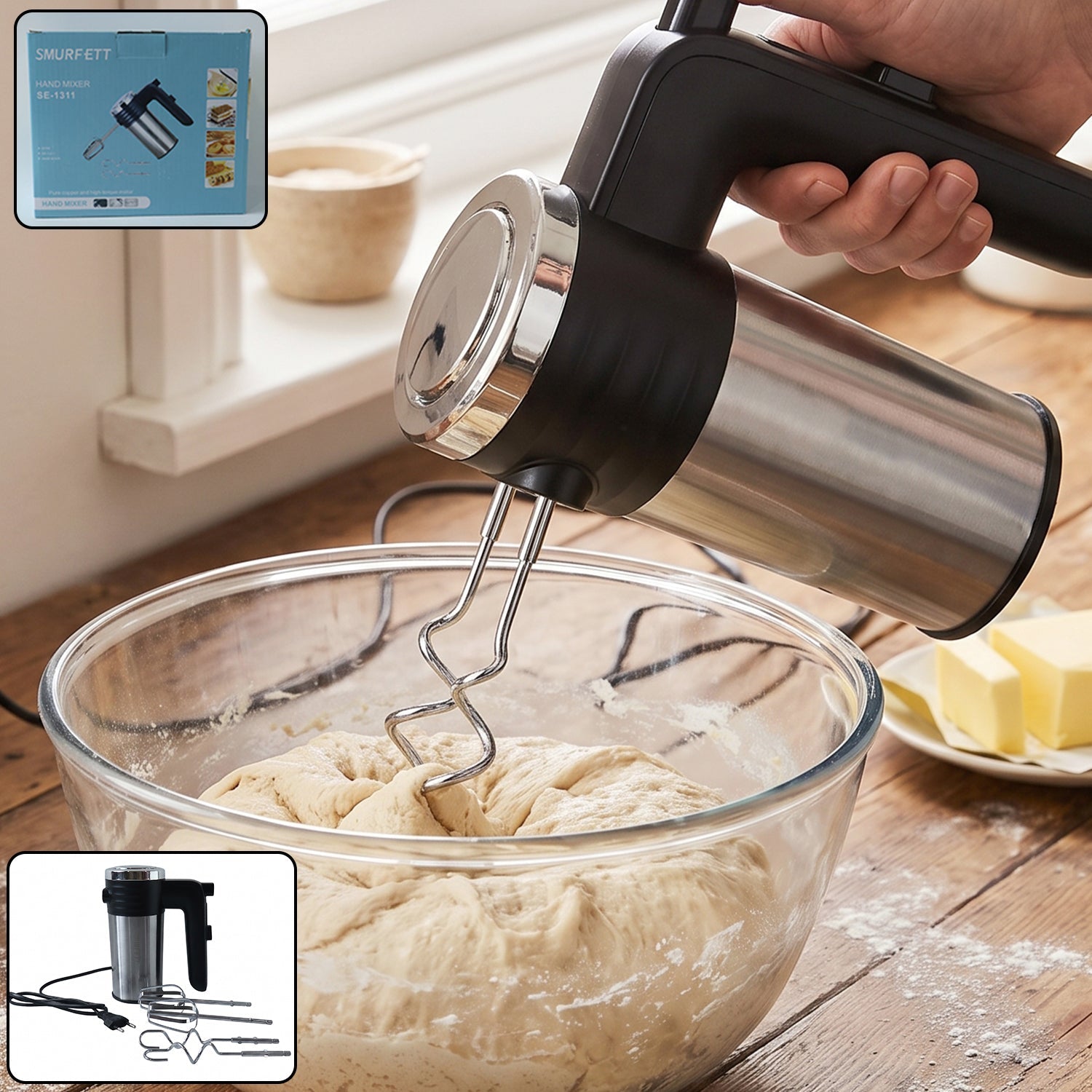 A hand holds a black and silver electric hand mixer with a dough hook in a glass bowl of dough on a wooden counter, with a