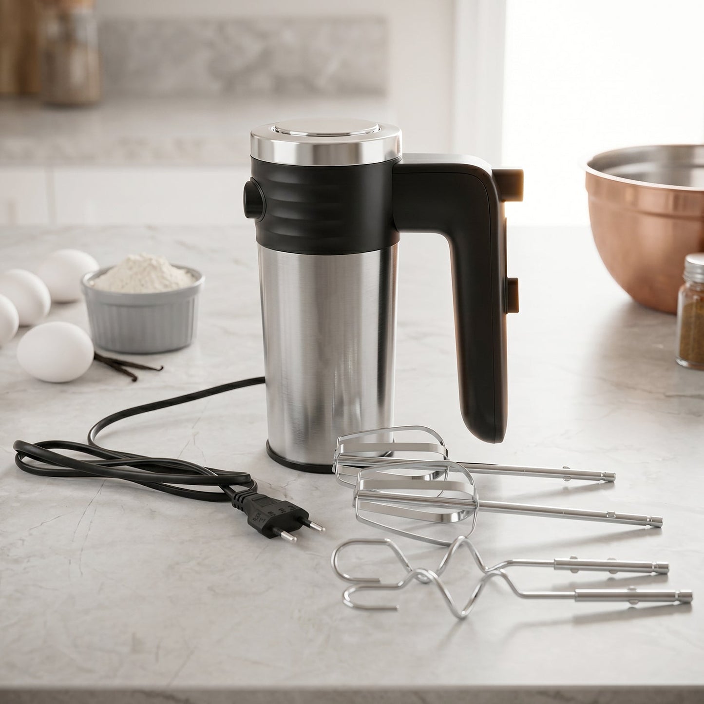 A black and silver electric hand mixer with its cord, two beaters, and two dough hooks rest on a light-colored kitchen
