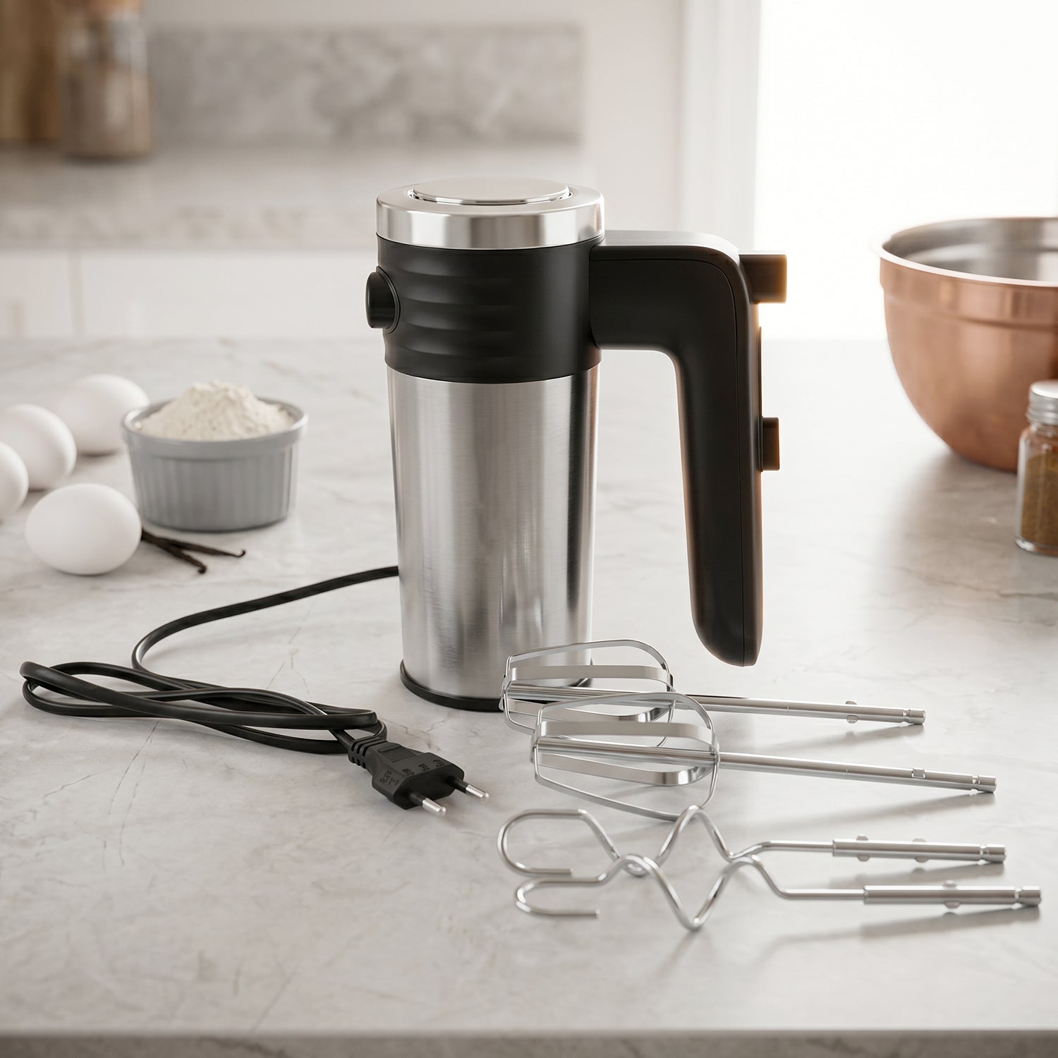 A black and silver electric hand mixer with its cord, two beaters, and two dough hooks rest on a light-colored kitchen