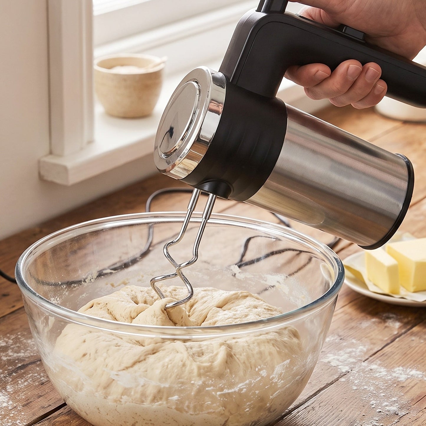 A hand holds a black and silver electric hand mixer with a dough hook mixing dough in a glass bowl on a wooden counter, with