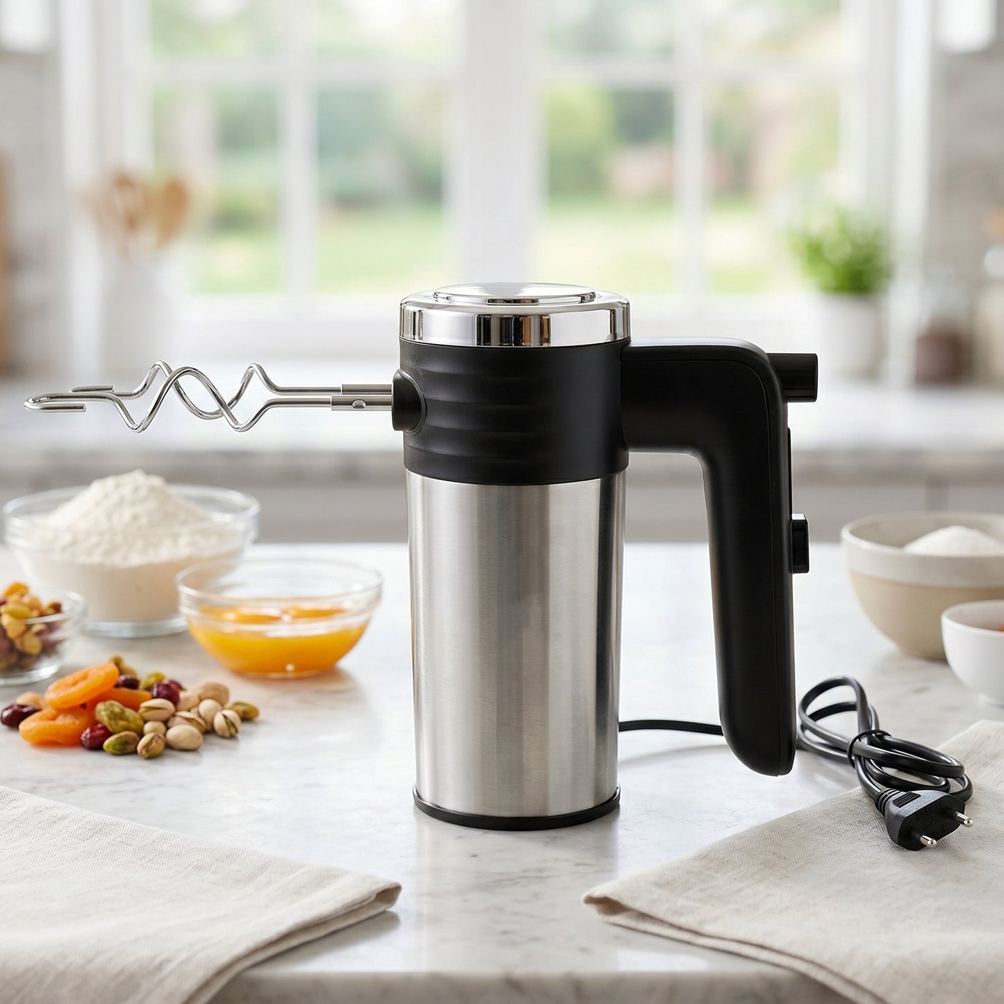 A black and silver electric hand mixer with a dough hook attached and its cord rests on a light-colored kitchen counter with