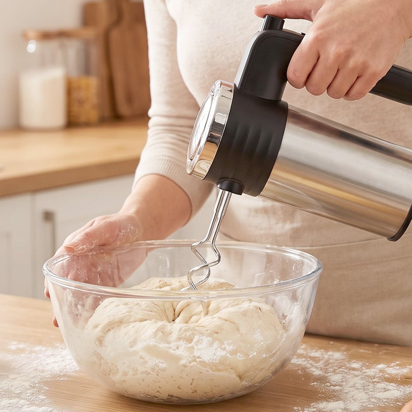 A person's hands hold a black and silver electric hand mixer with a dough hook in a glass bowl of dough on a wooden counter.