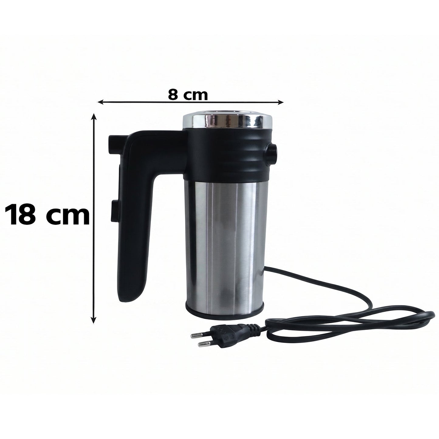 A black and silver electric hand mixer with its cord is shown with dimensions: 18 cm tall and 8 cm wide.