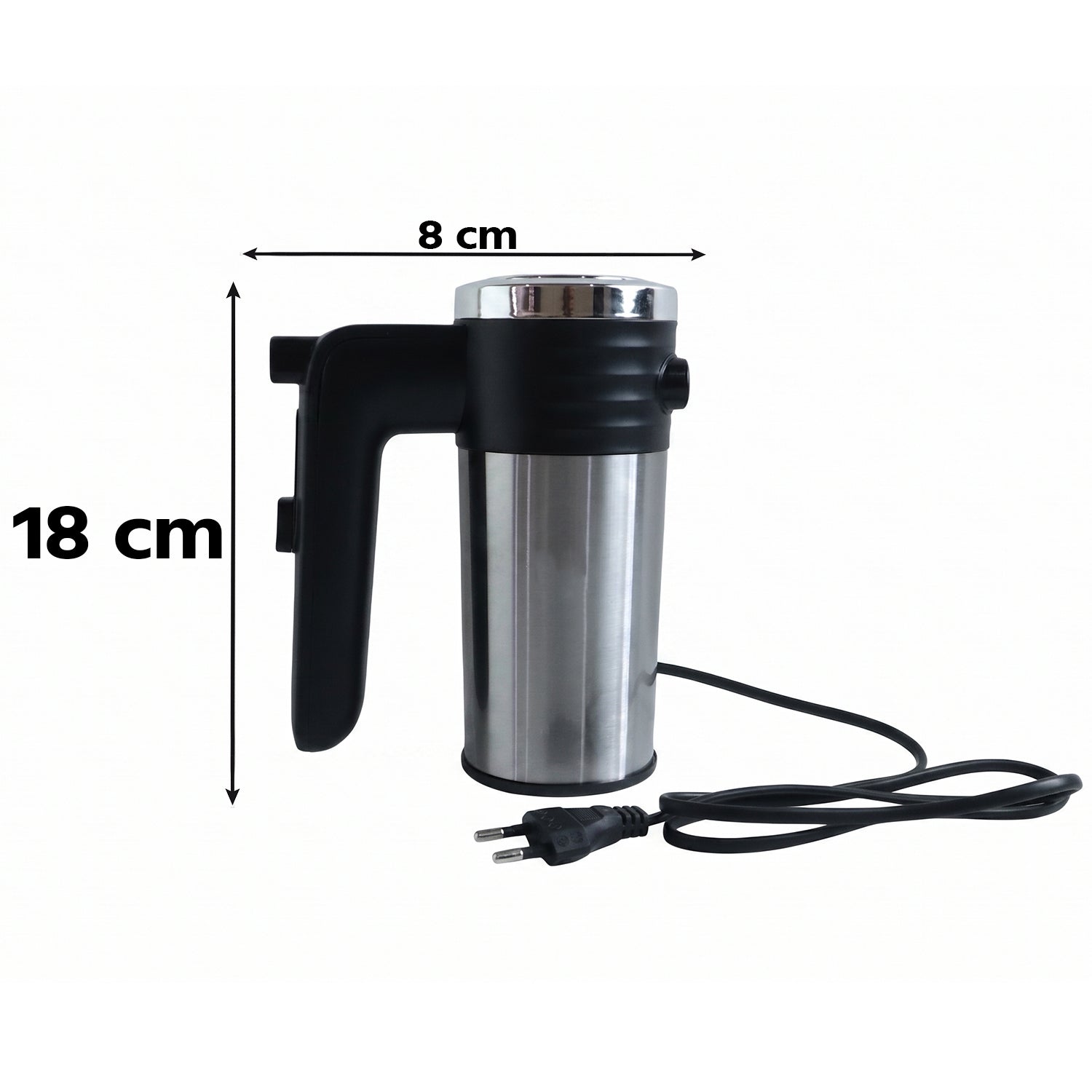 A black and silver electric hand mixer with its cord is shown with dimensions: 18 cm tall and 8 cm wide.