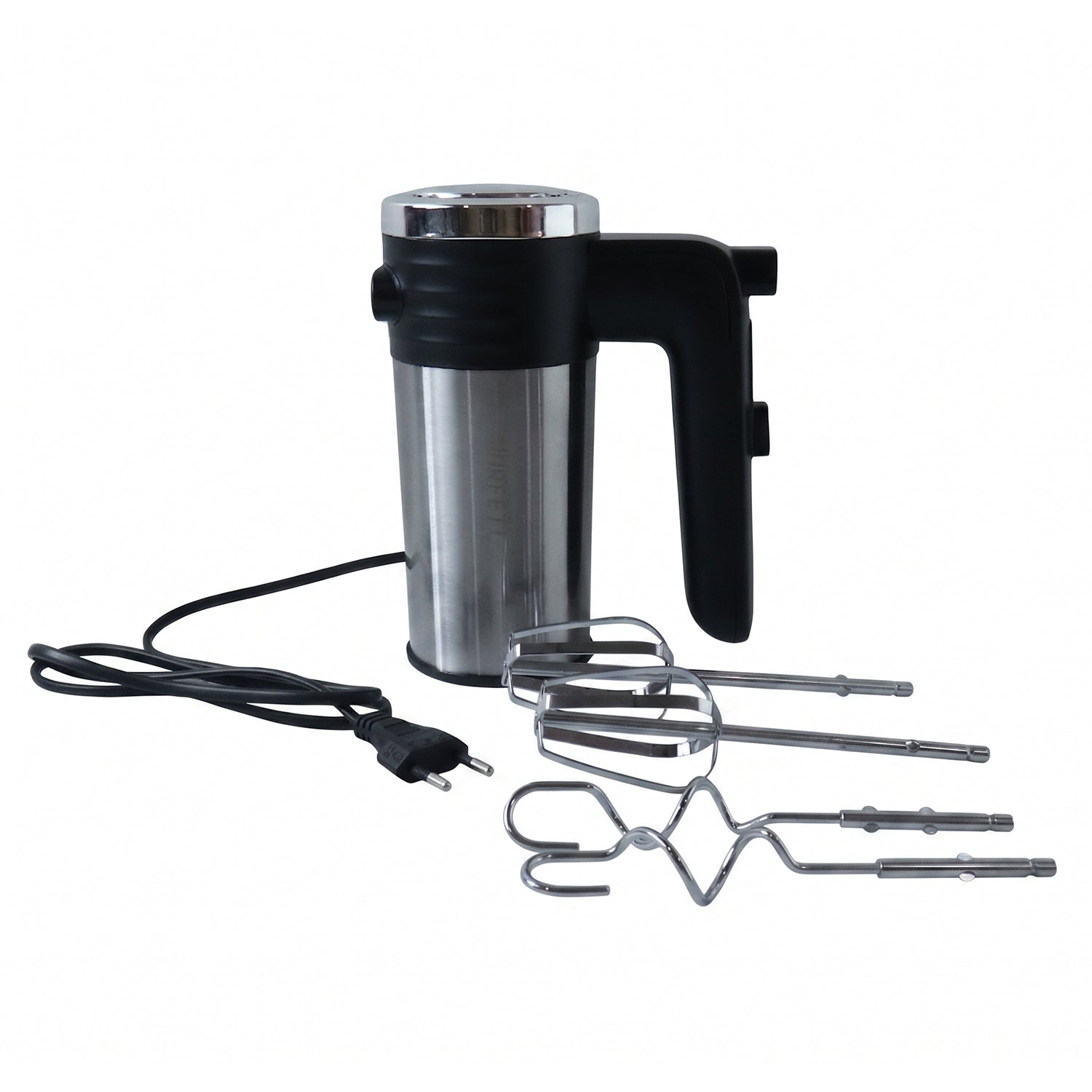 A black and silver electric hand mixer, its cord, two beaters, and two dough hooks are arranged on a white background.