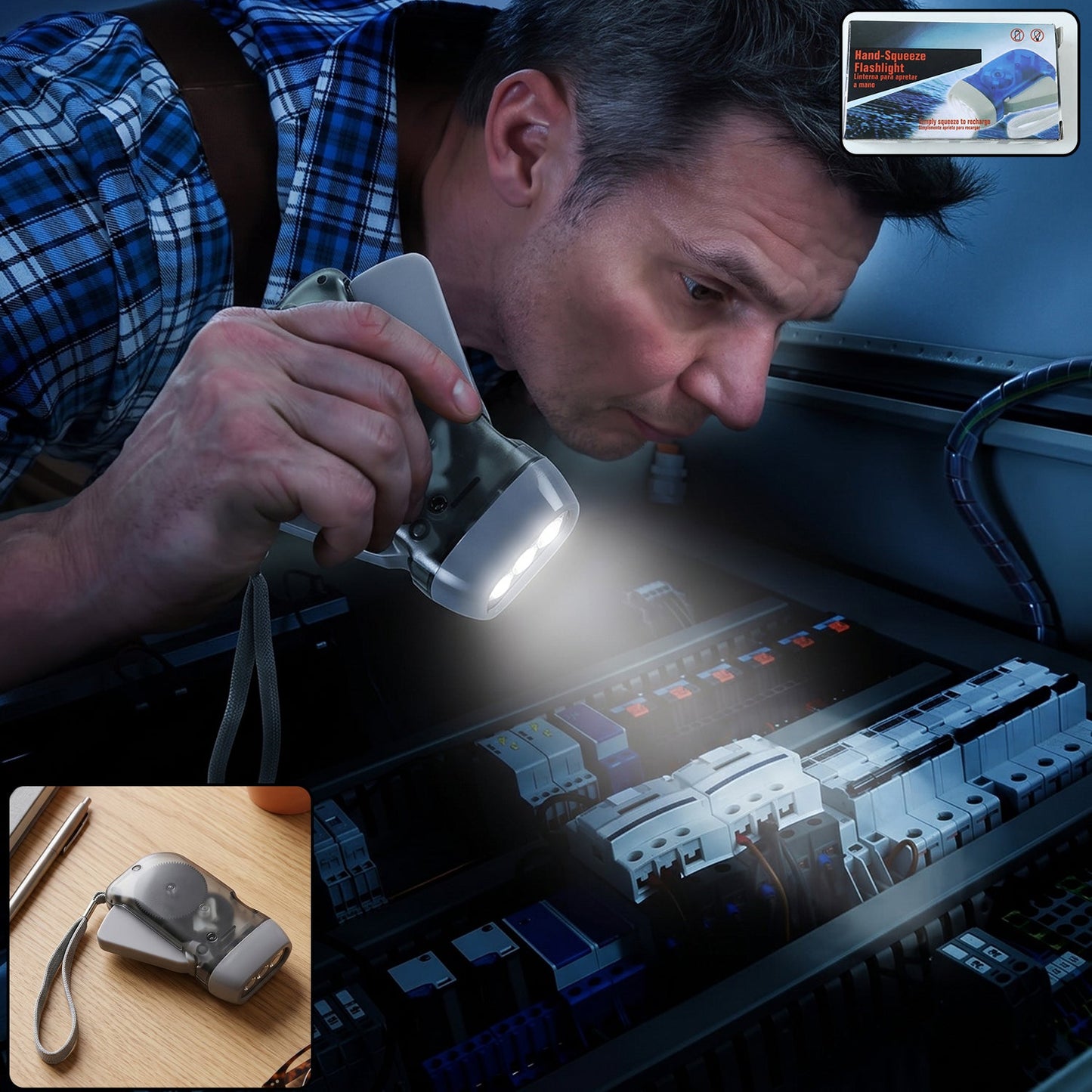 Hand Press Torch, Battery-Free 3-LED Flashlight for Camping front view for everyday convenience