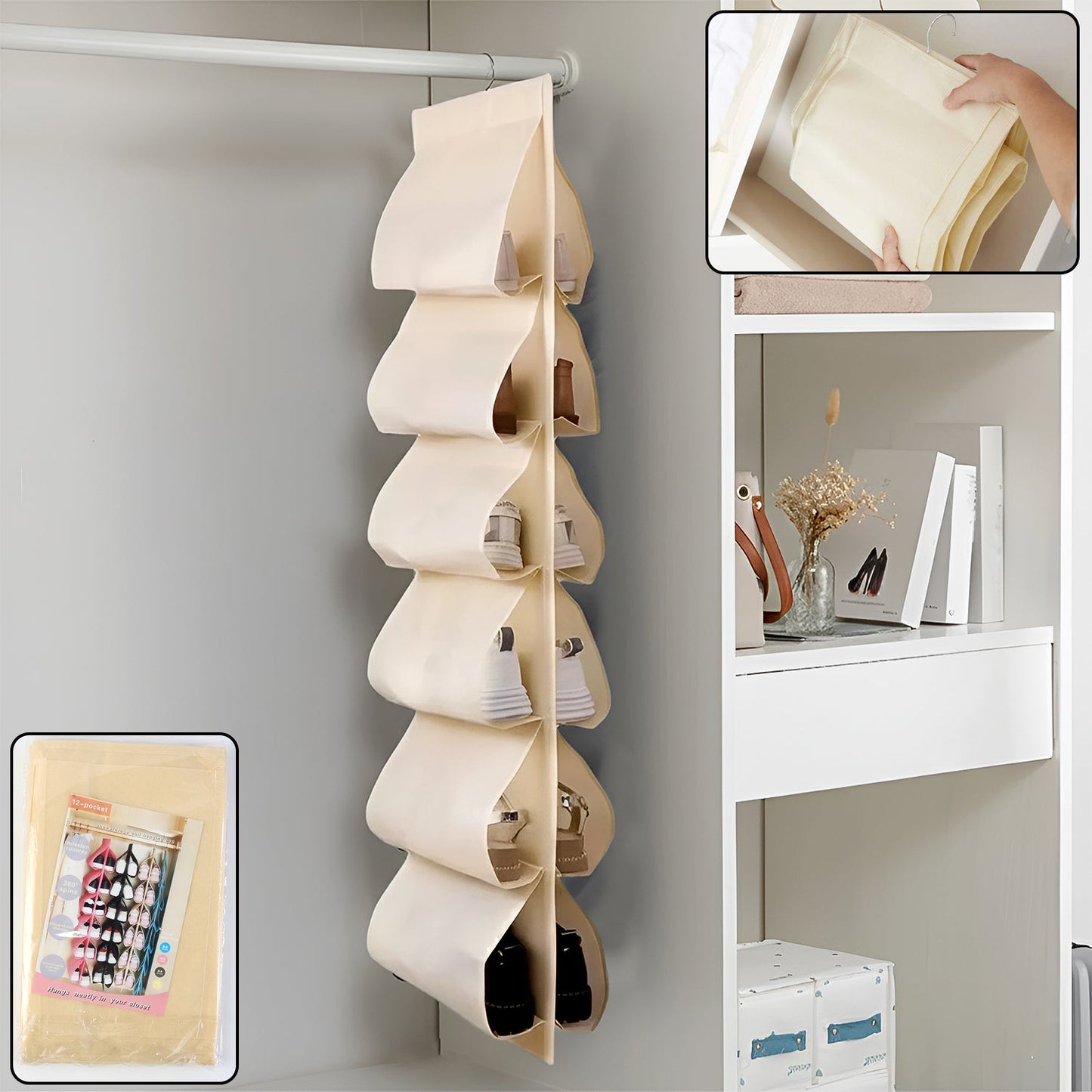 12-pocket hanging shoe organizer bag in bright mixed colors