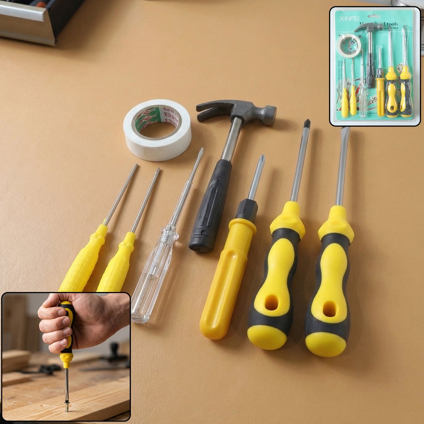 Compact 8 in 1 hand tool kit with screwdriver and hammer