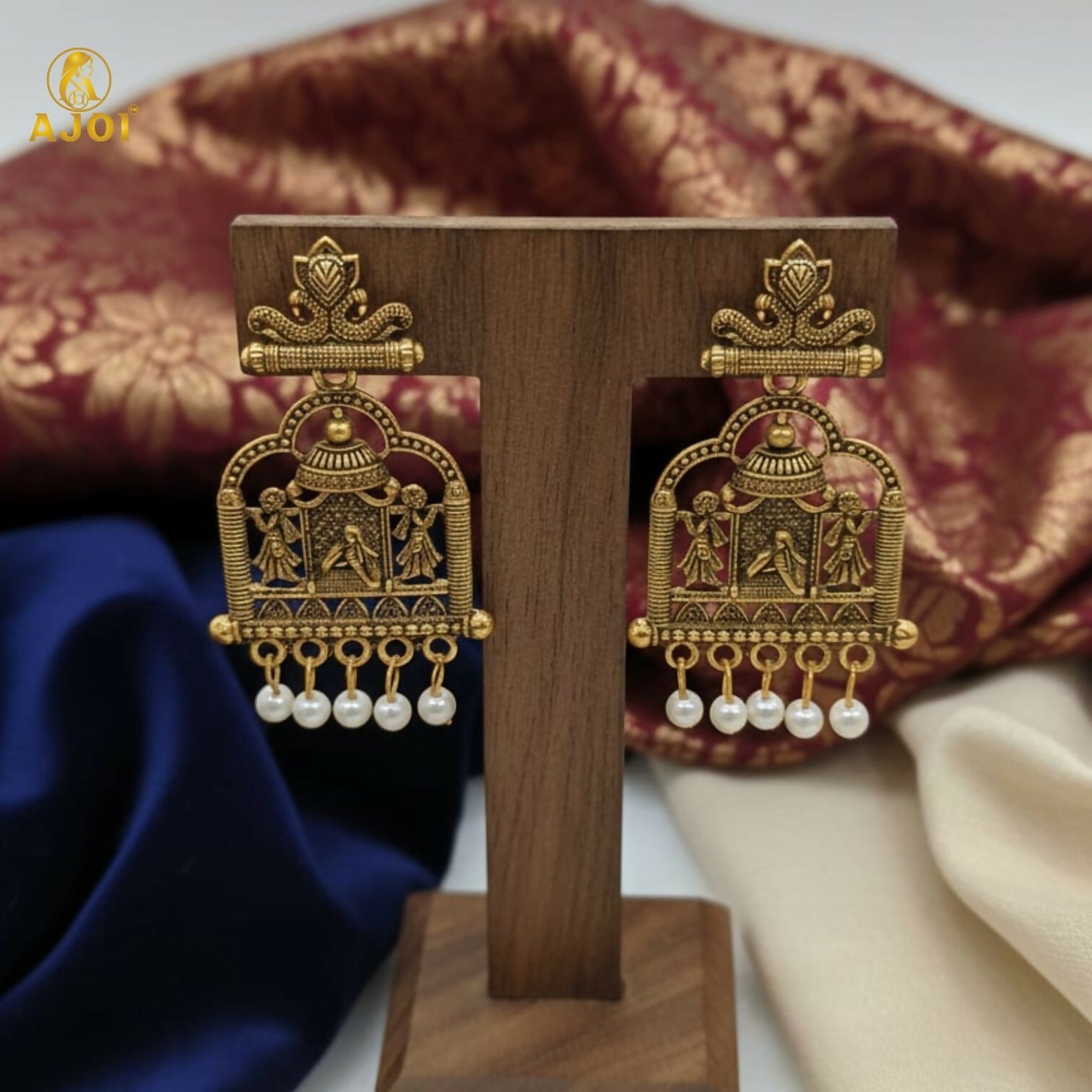 Royal Doli Motif Gold-Tone Temple Earrings with Pearl Danglers