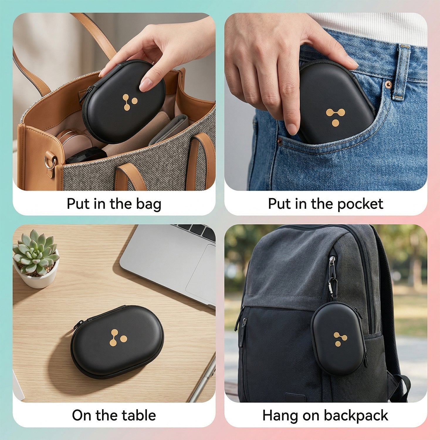 The open black oval hard shell case is empty, revealing a mesh pocket on one side and three molded compartments on the other.