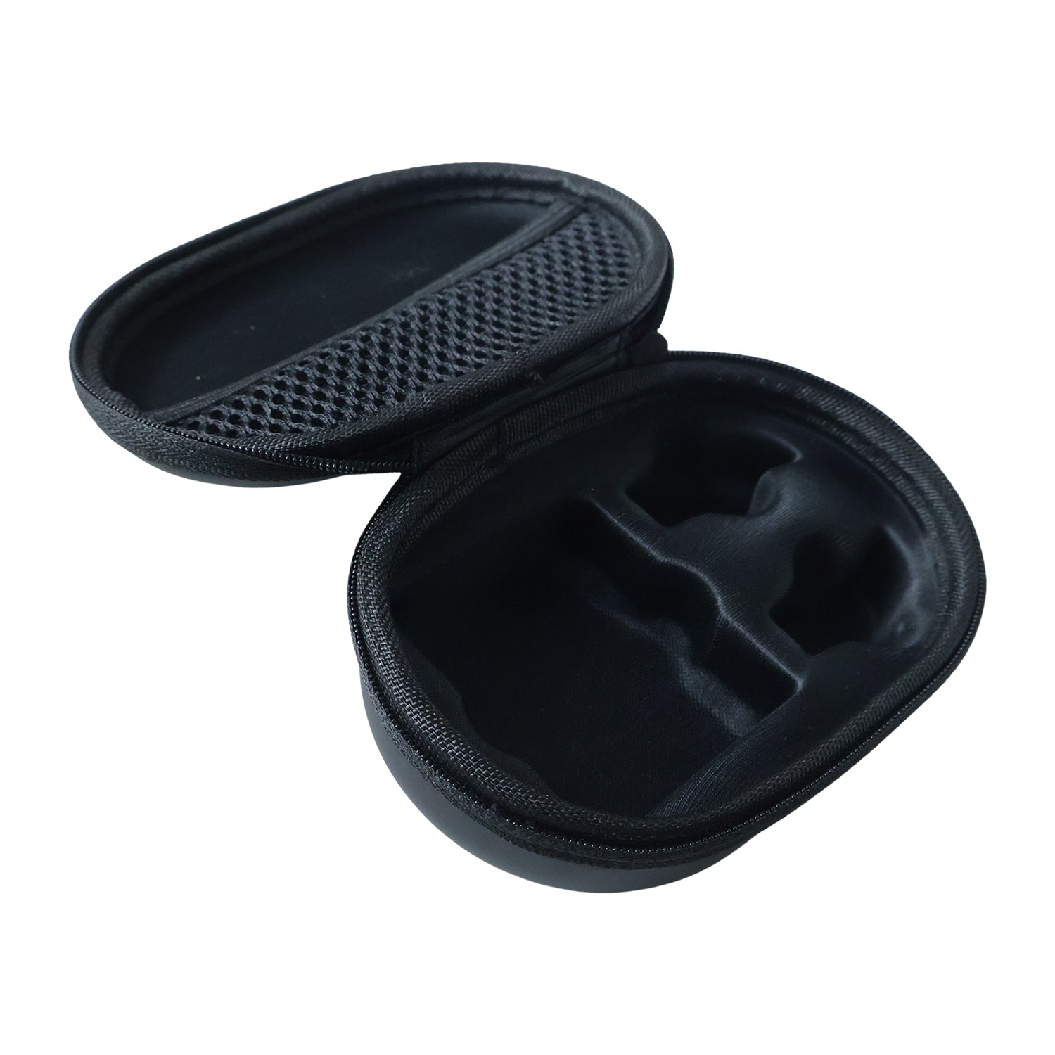 An empty black hard shell case is open, revealing a mesh pocket and molded compartments for earbuds inside.