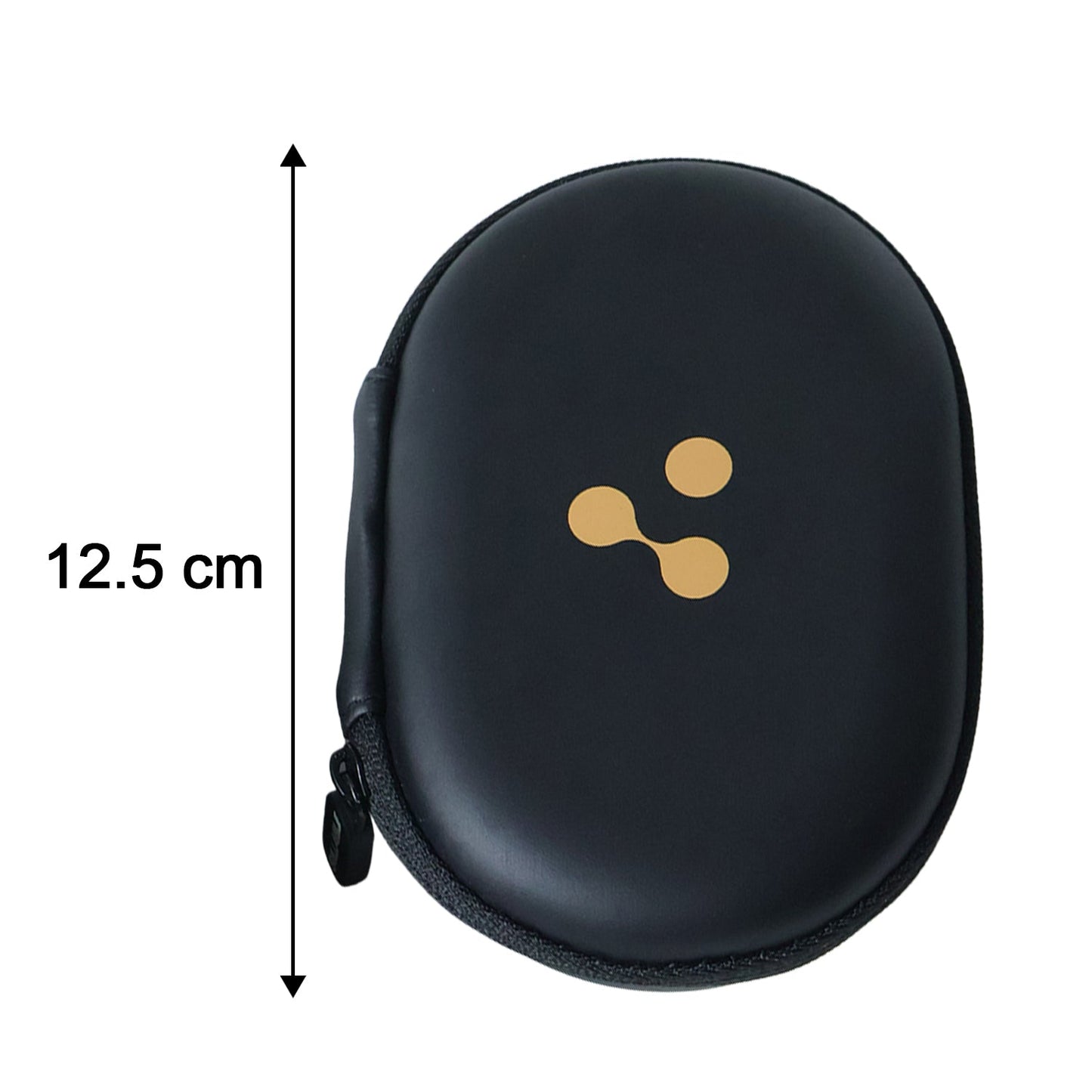 A closed black hard shell case with a gold three-dot logo has a vertical arrow indicating its 12.5 cm length.