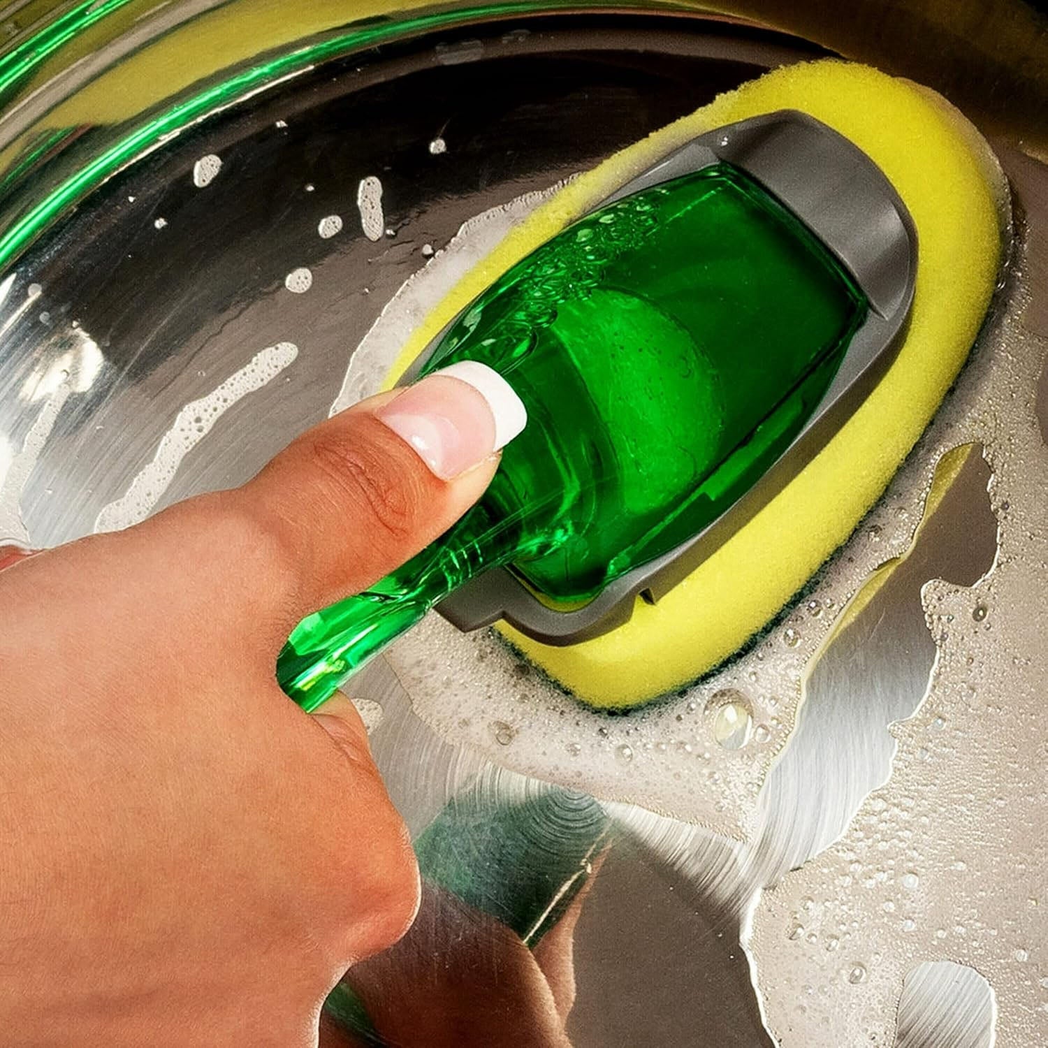 Durable dishwand with ergonomic handle and soap dispenser