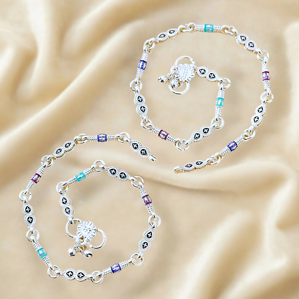 Ethnic Silver-Plated Payal with Colorful Floral Enamel and Jingle Bell Charms