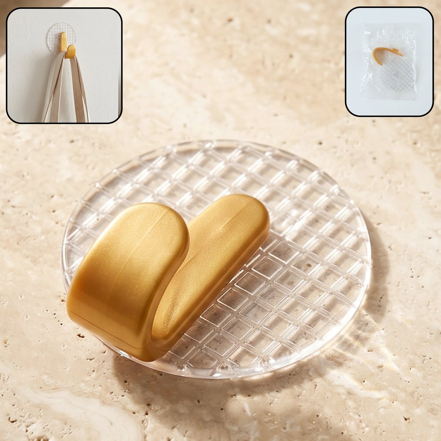 View of a transparent self adhesive wall hook installed in a bathroom for towels and accessories