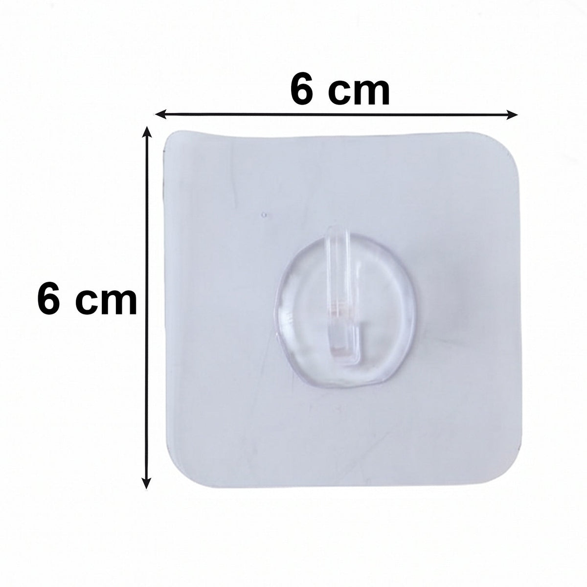 A clear self-adhesive wall hook on a white background, with black arrows indicating its 6 cm by 6 cm dimensions.