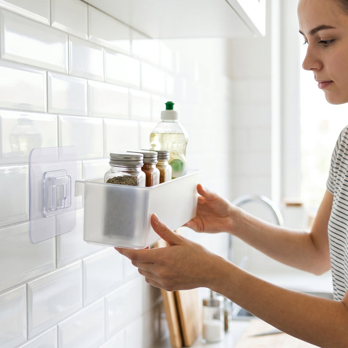 A woman attaches a white rectangular organizer with spices and dish soap to a clear wall hook on a white tiled kitchen wall.