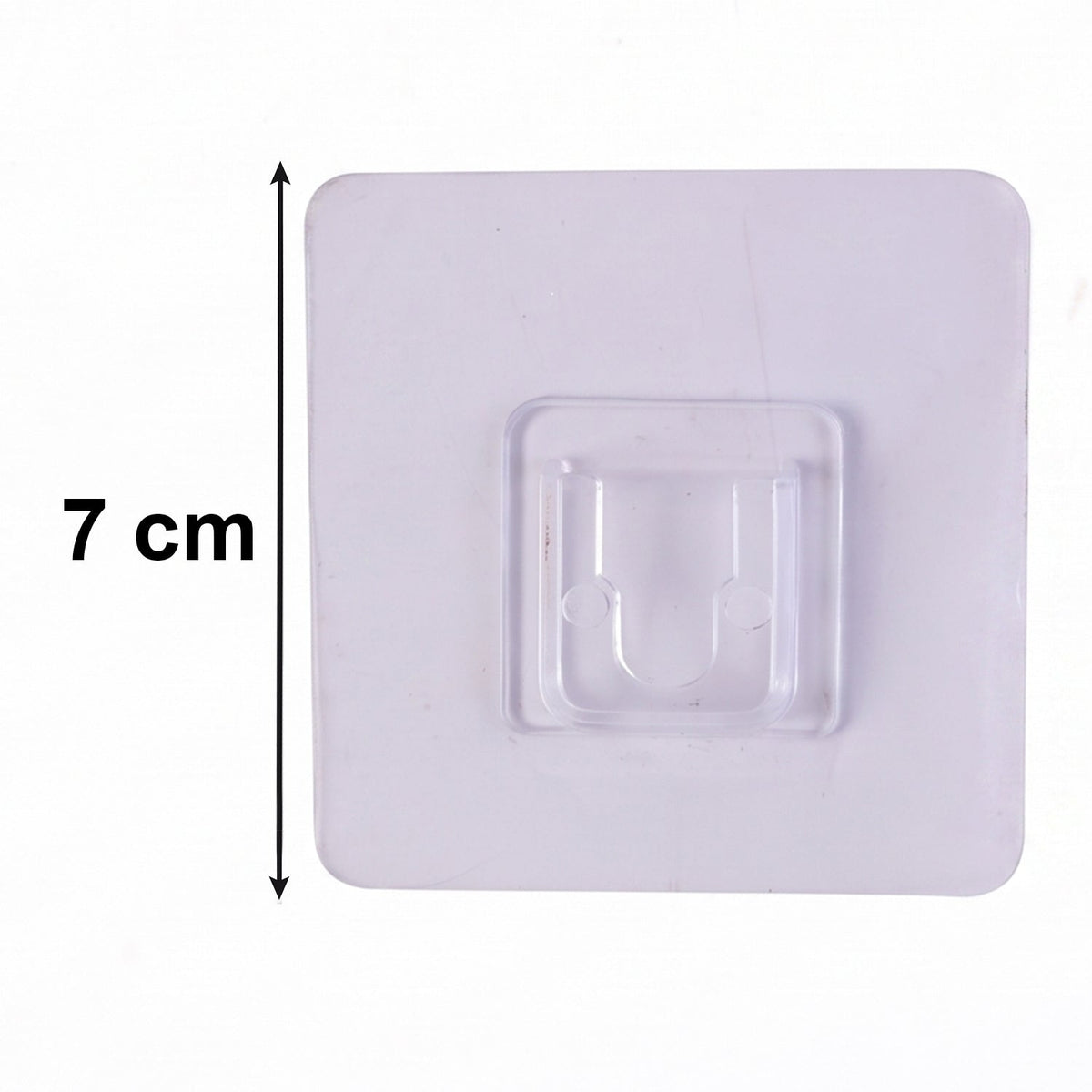 A clear, square self-adhesive hook is centered on a white background with a vertical measurement of 7 cm on the left.
