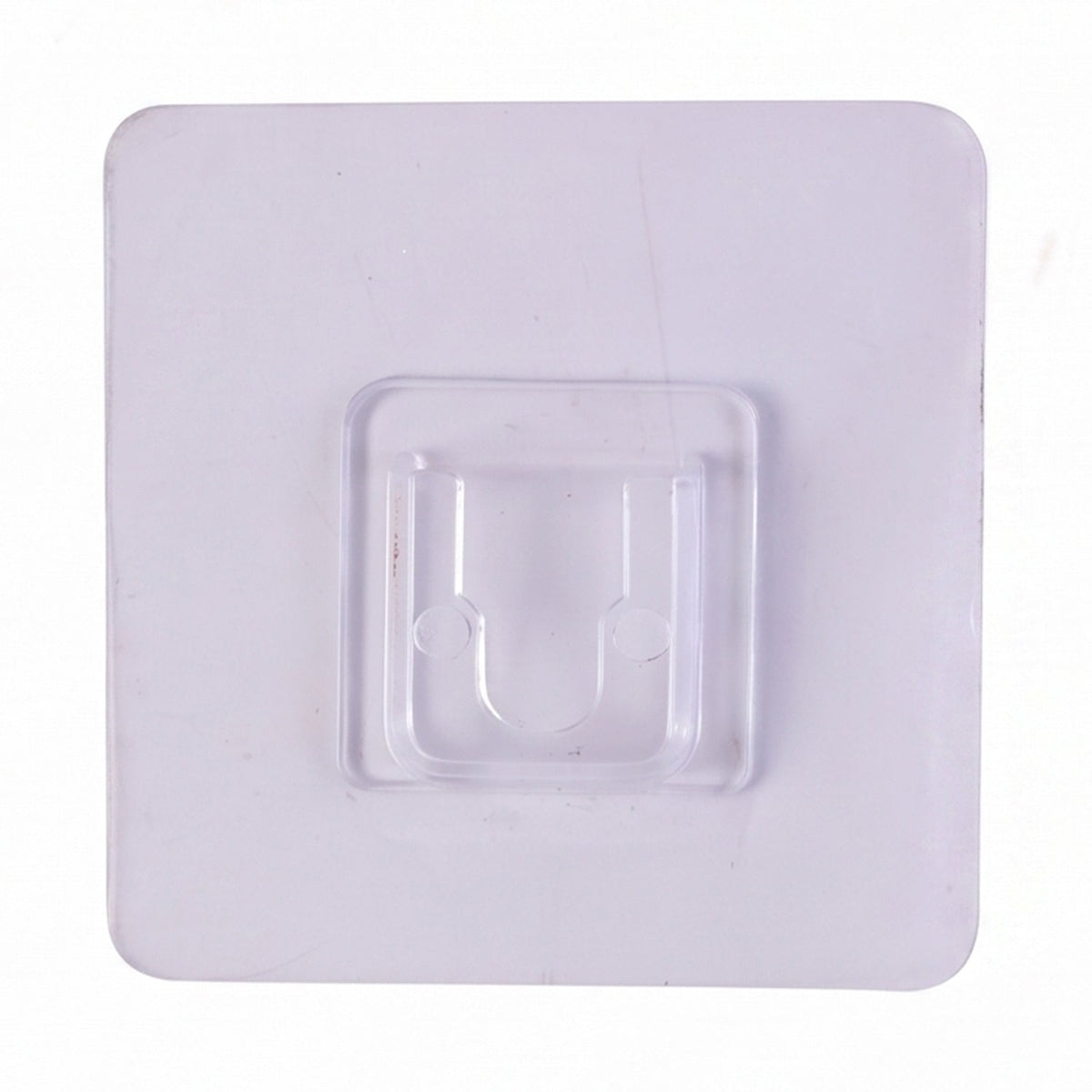 A single clear, square self-adhesive hook is shown head-on against a plain white background.