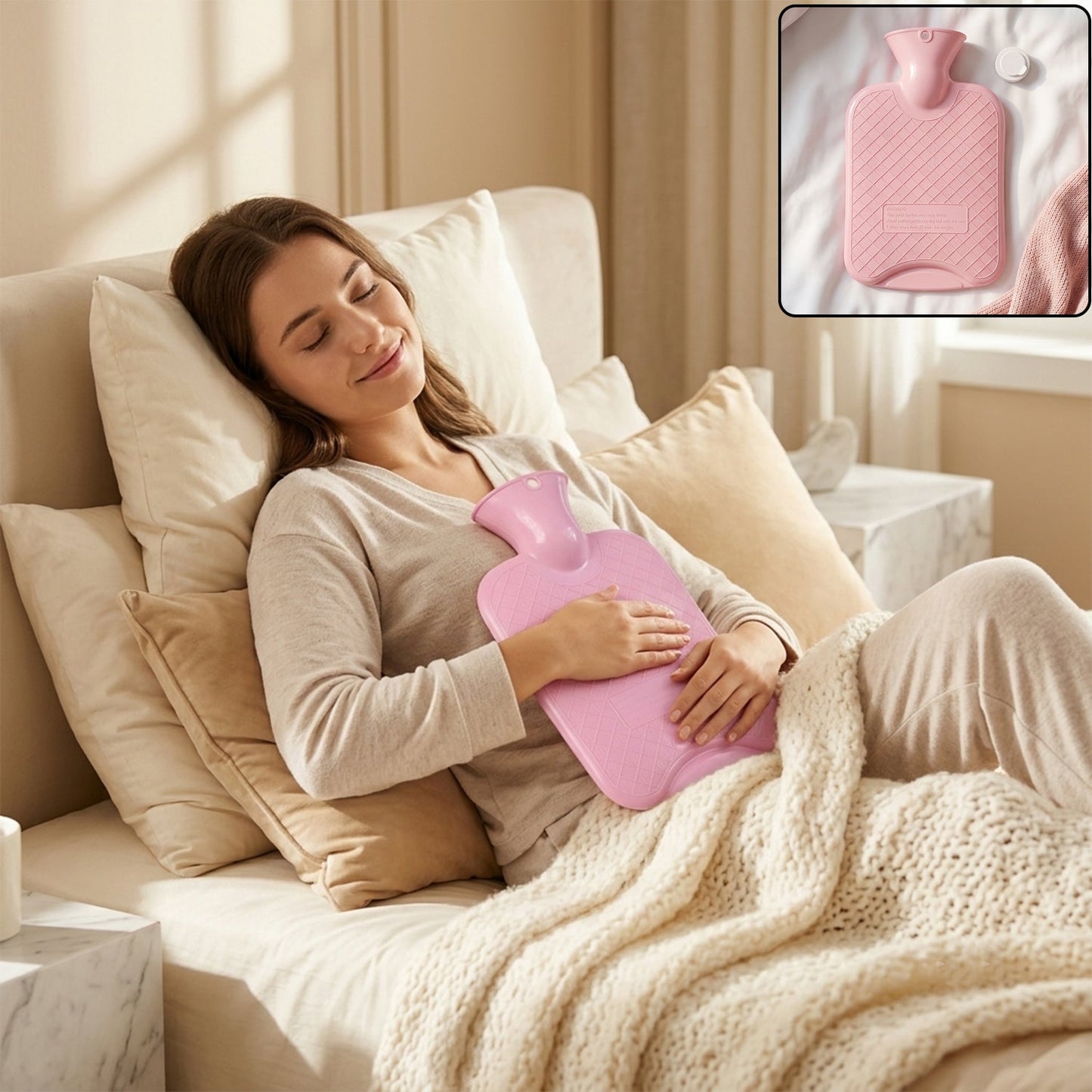 A woman lies in bed, holding a pink hot water bag on her stomach, with an inset of the bag.