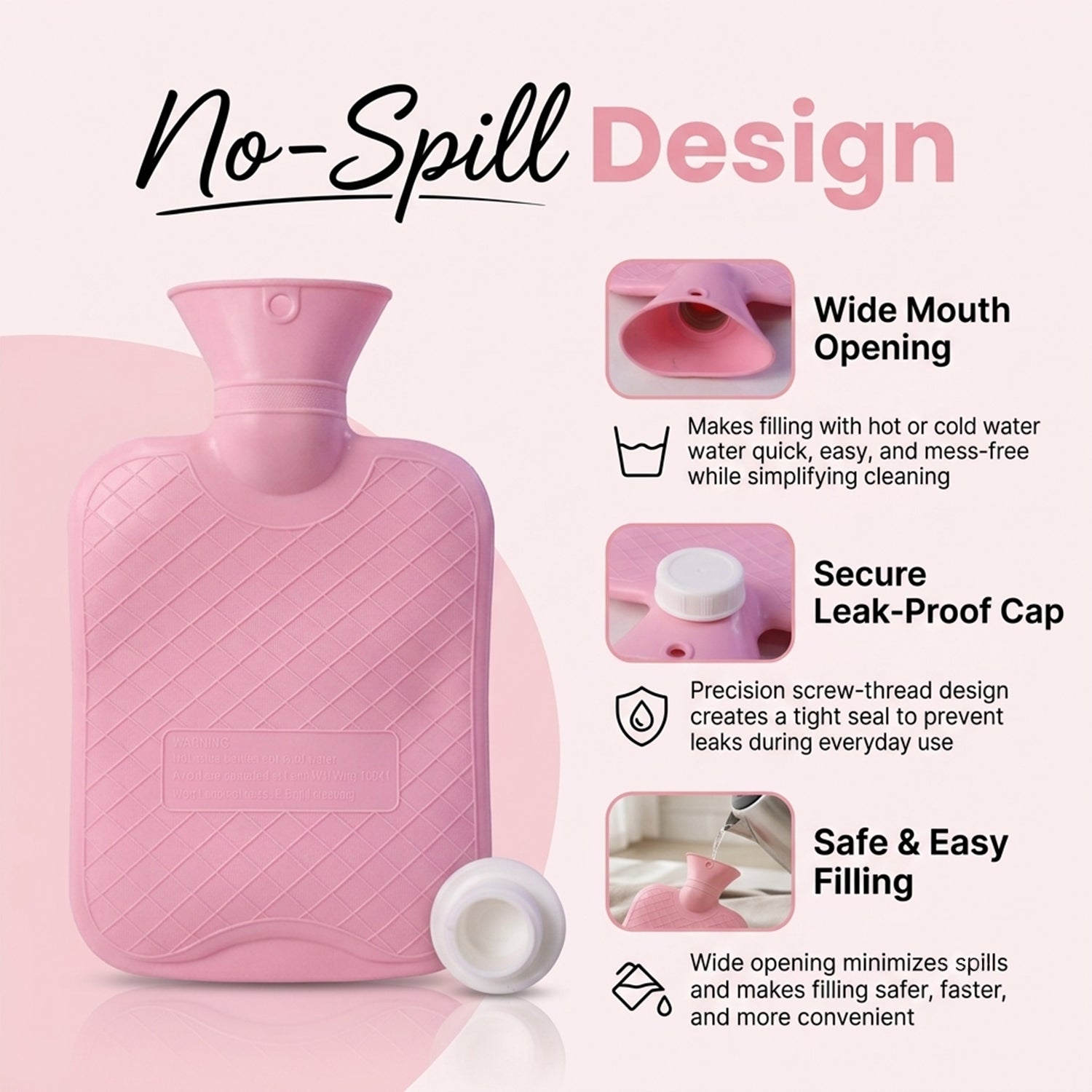 A pink hot water bag with its cap off, next to text detailing its no-spill design features.