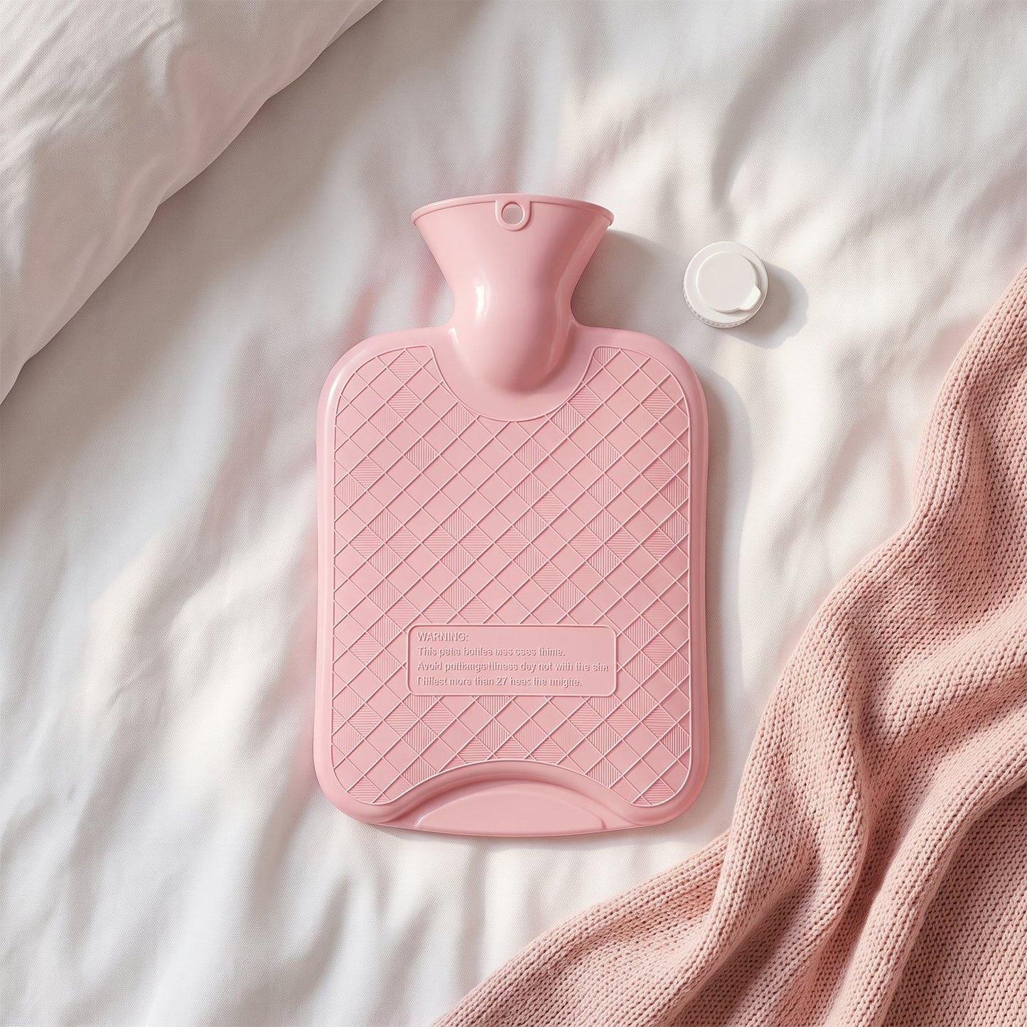 A pink hot water bag with its cap next to it, resting on a white bedsheet with a pink knitted blanket.