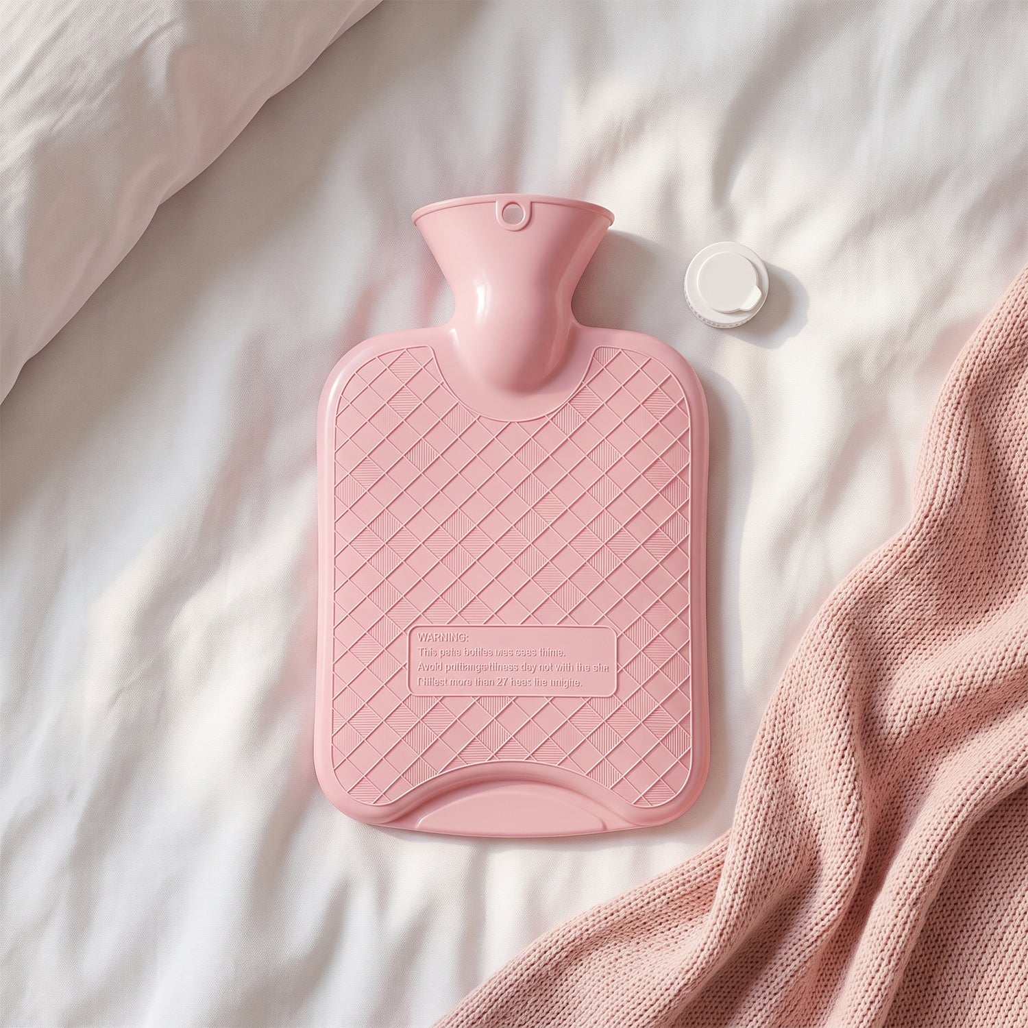 A pink hot water bag with its cap next to it, resting on a white bedsheet with a pink knitted blanket.