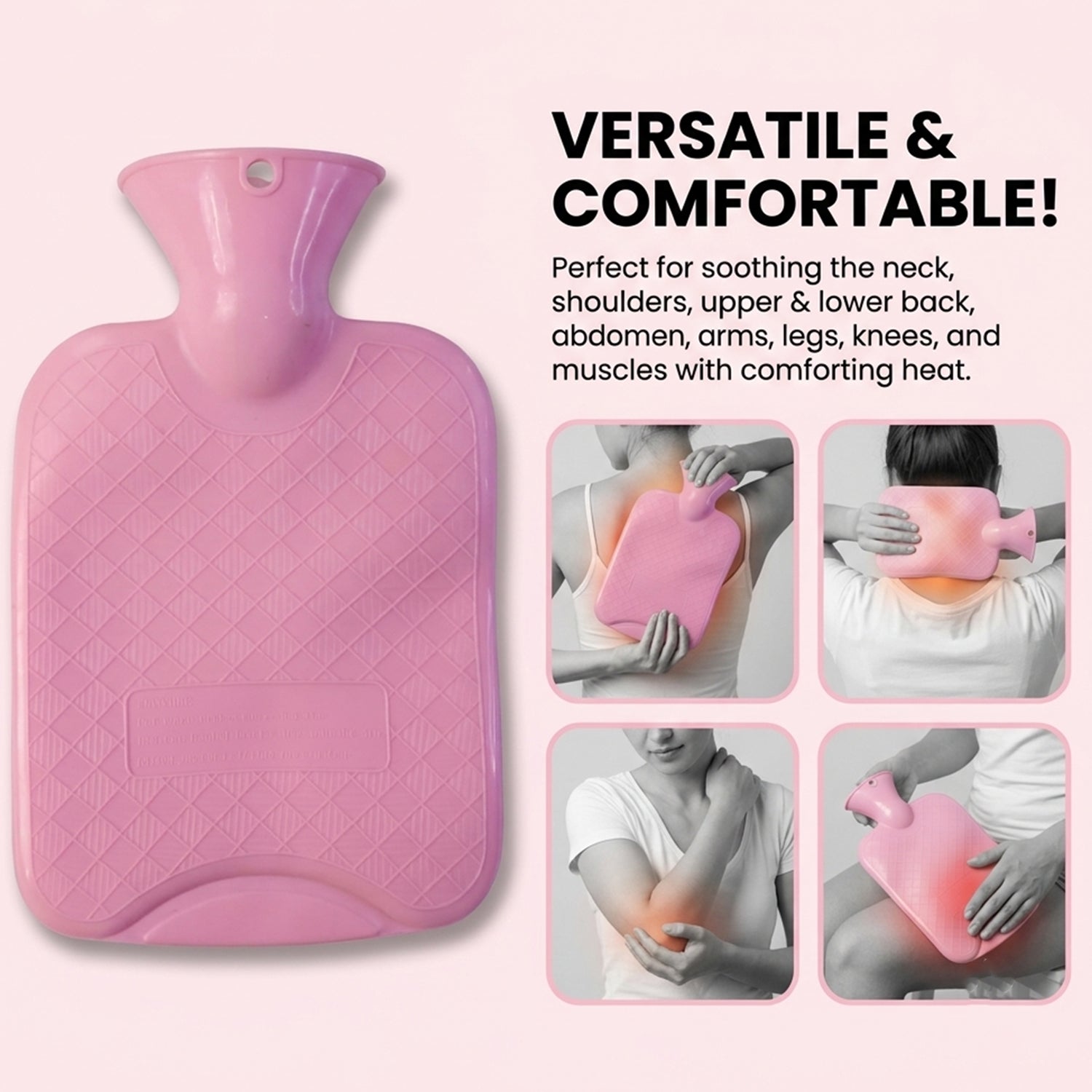 A pink hot water bag next to text and four small images showing its versatile use on different body parts.