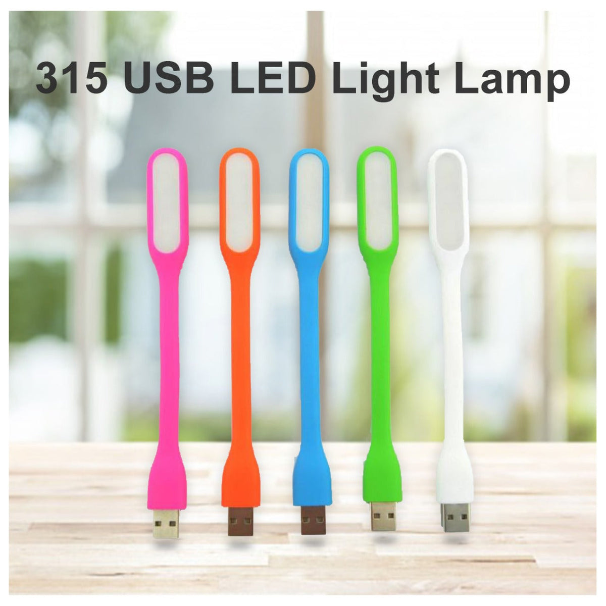 Five flexible USB LED lamps in pink, orange, blue, green, and white standing upright on a wooden surface.