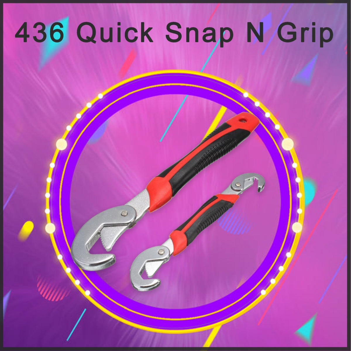 Two red and black wrenches are centered within a purple circular frame on a vibrant, abstract background with text '436