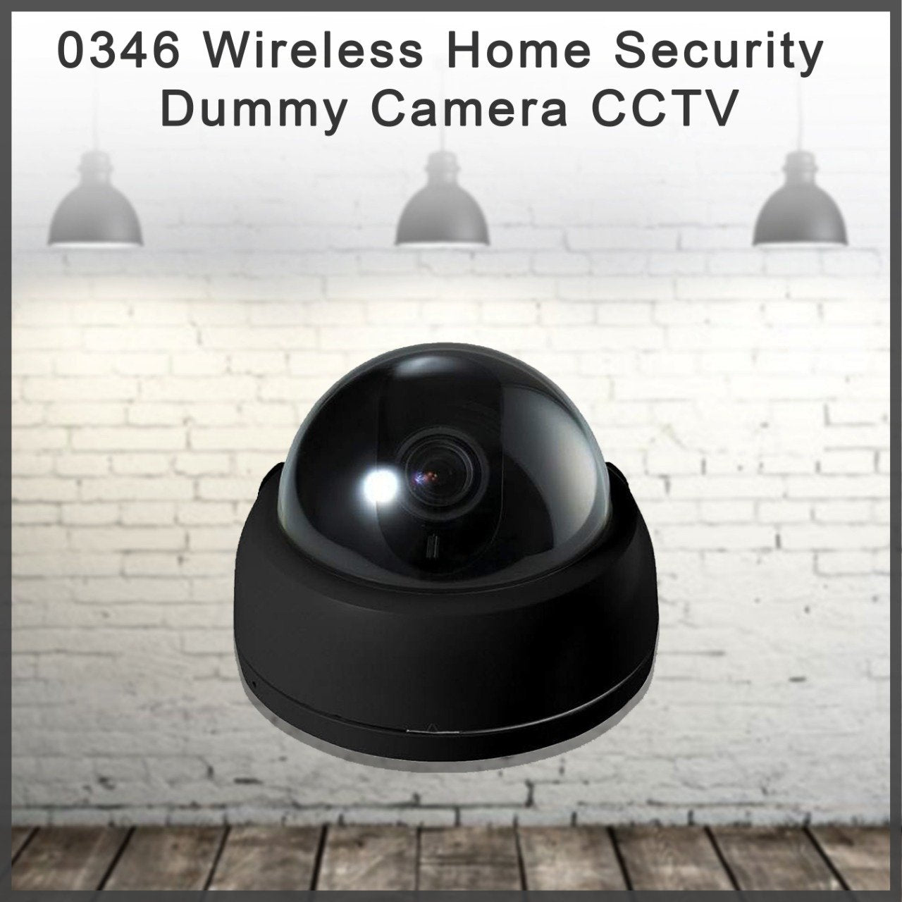 Black dome dummy security camera with a reflective lens, against a brick wall background with three hanging lights.
