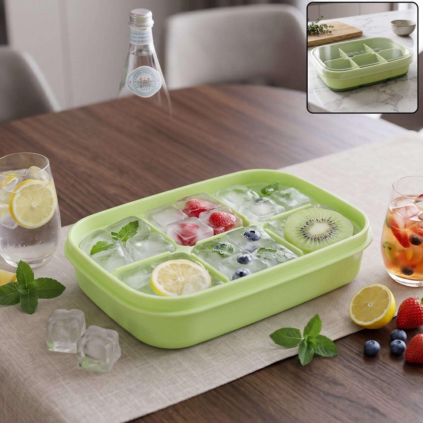 A green 6-cavity ice cube tray filled with fruit and mint-infused ice cubes, surrounded by drinks and fresh fruit on a table.