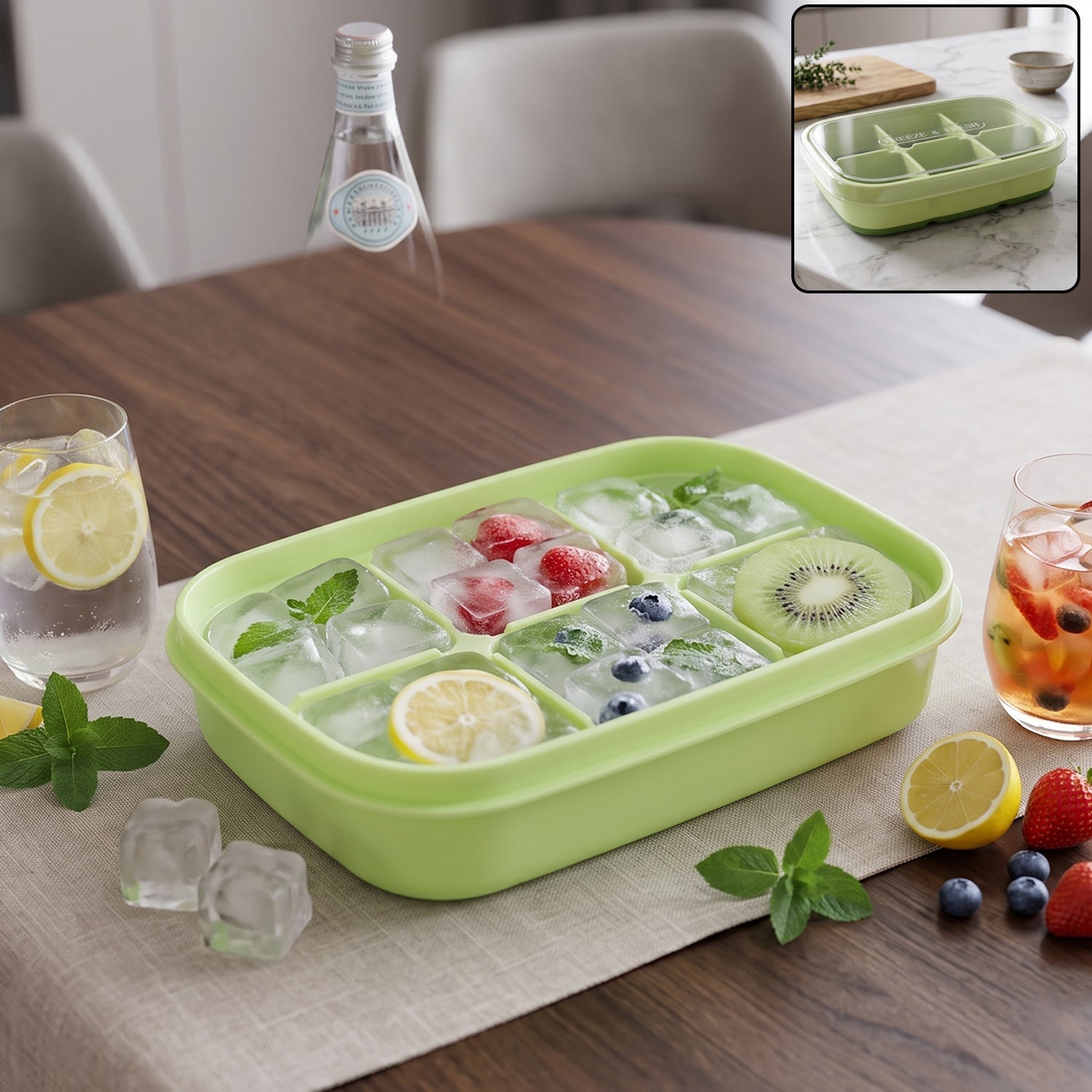 A green 6-cavity ice cube tray filled with fruit and mint-infused ice cubes, surrounded by drinks and fresh fruit on a table.